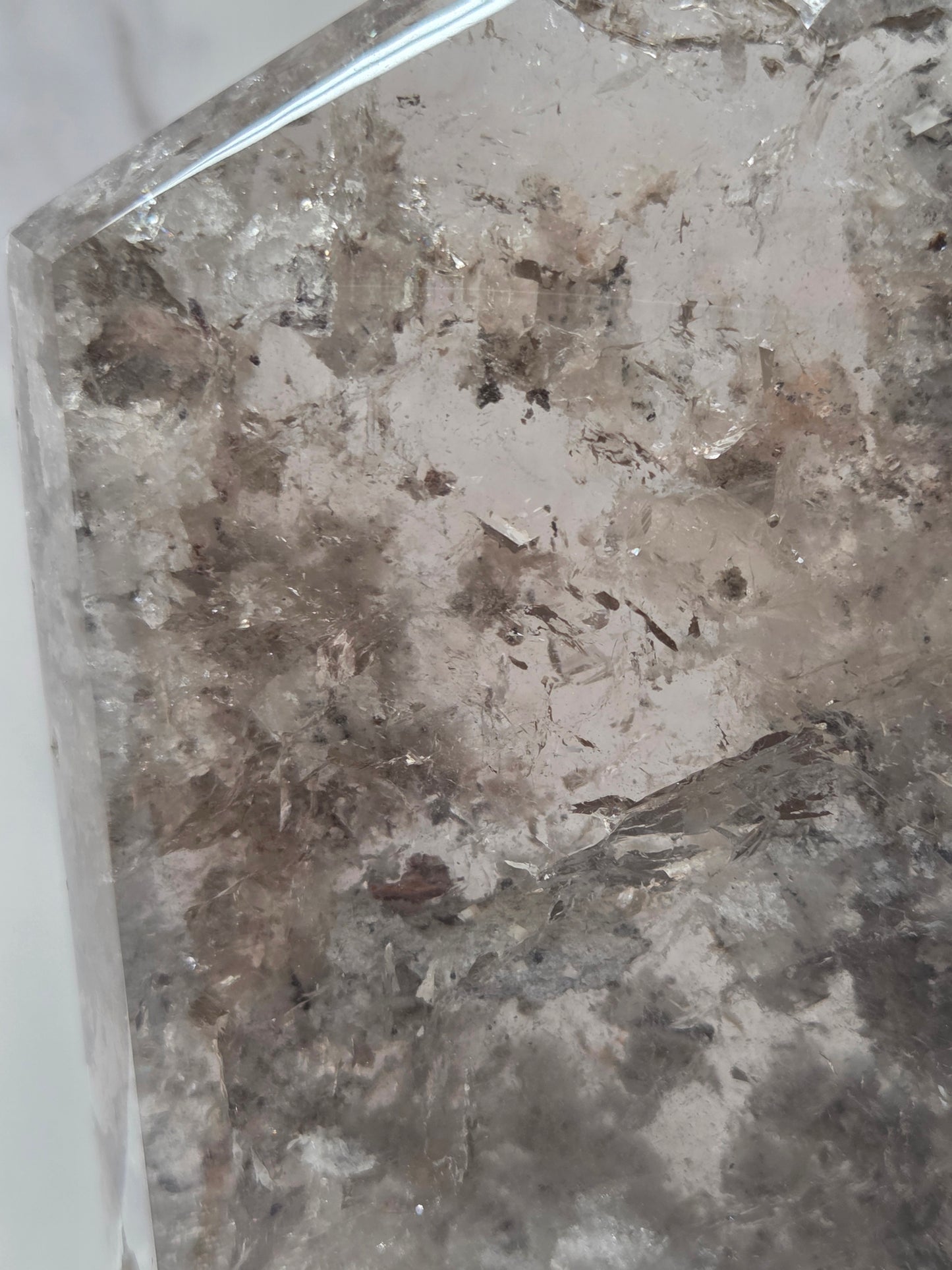 Close-up of a quartz tower with inclusions