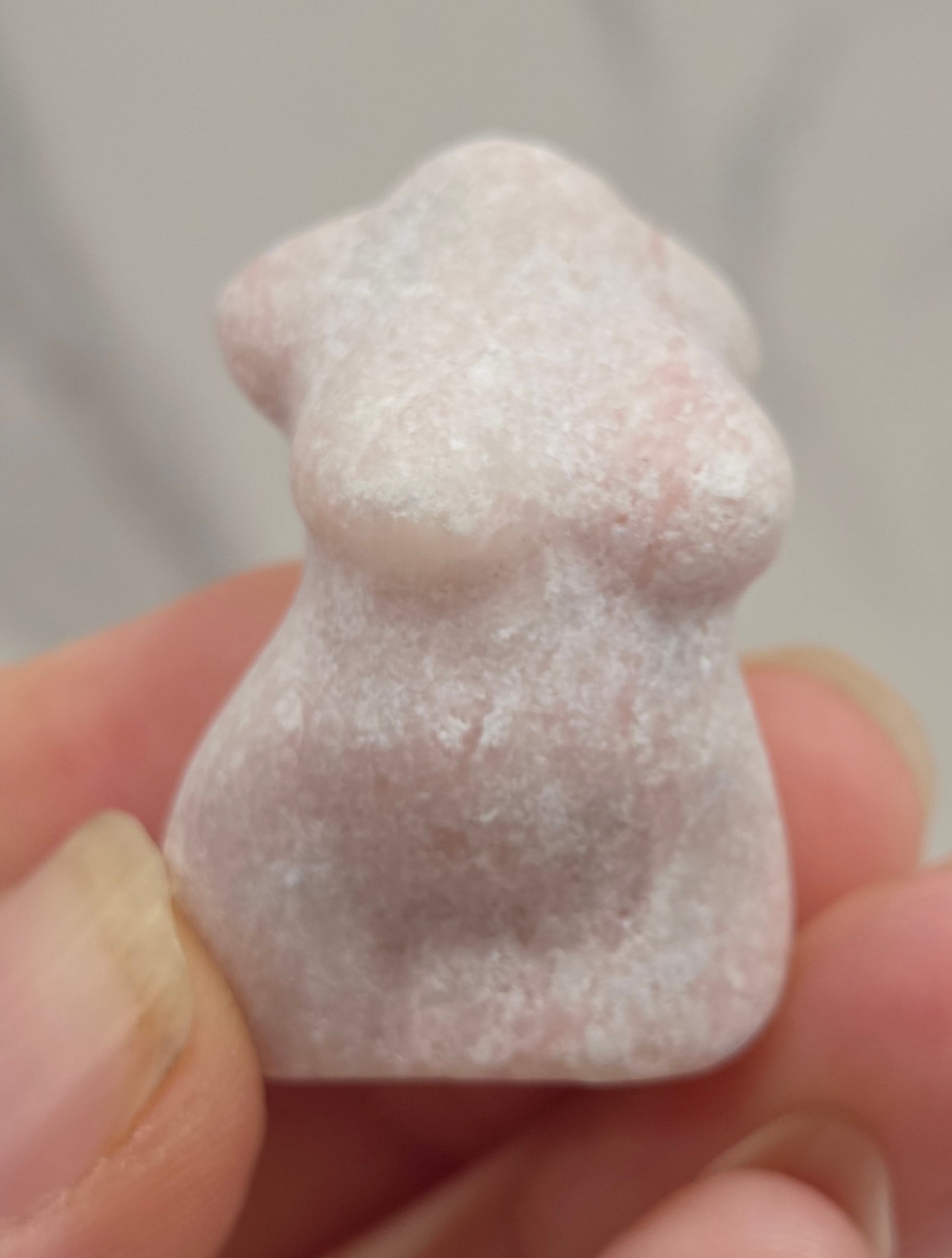 Hand holding a small crystal carving of a female torso against a white background