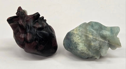 Two crystal carvings of anatomical hearts made of various materials and colors on a white background