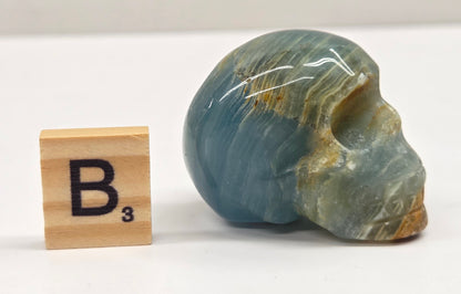 Blue and brown banded skull carving on a white background