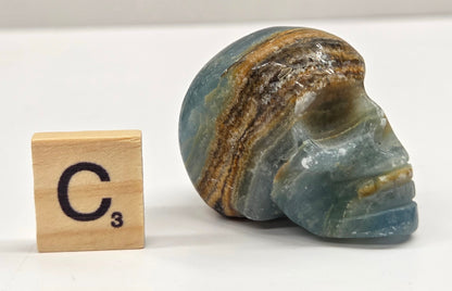 Blue and brown banded skull carving on a white background
