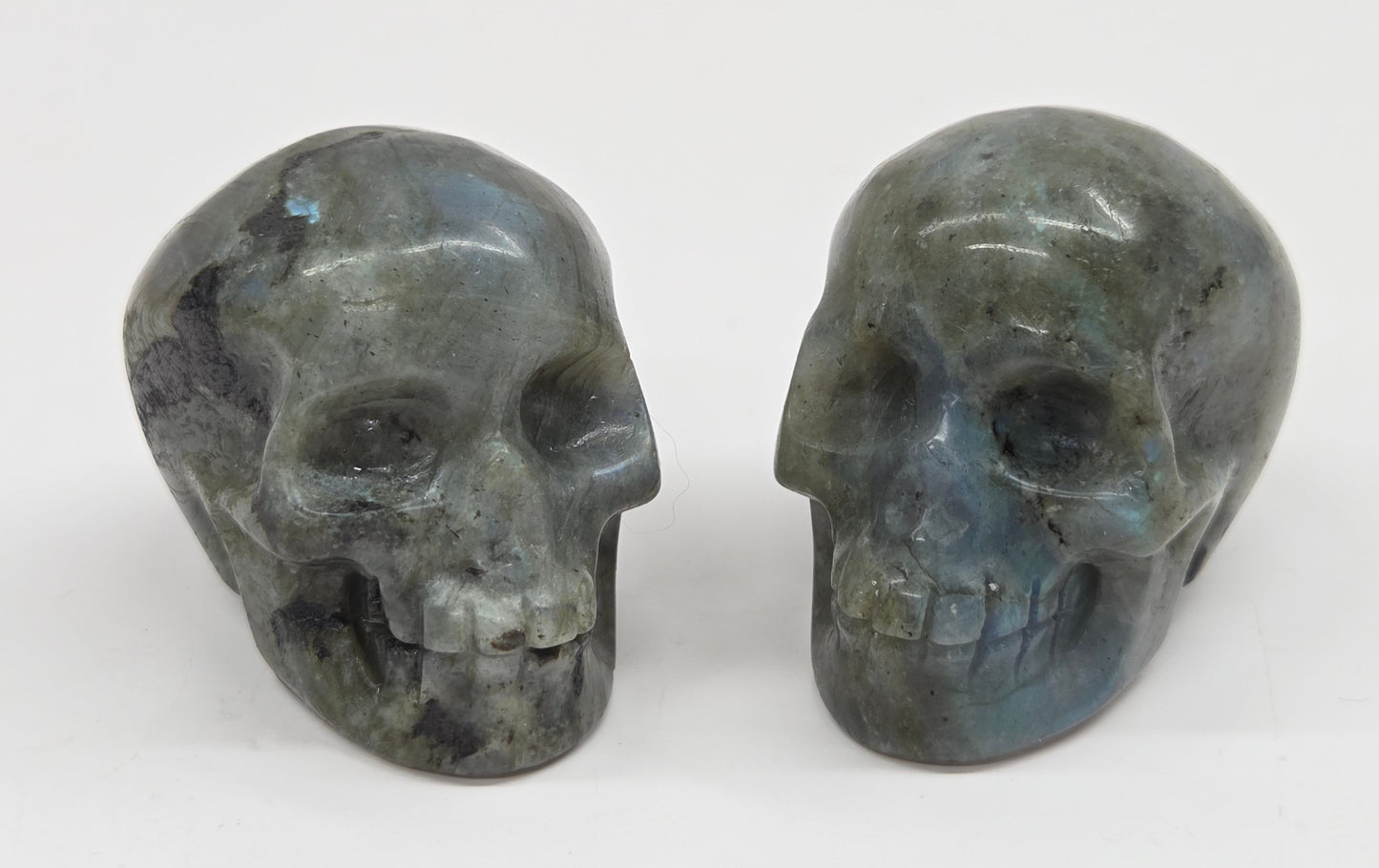 grey skull carvings with blue flash on a white background