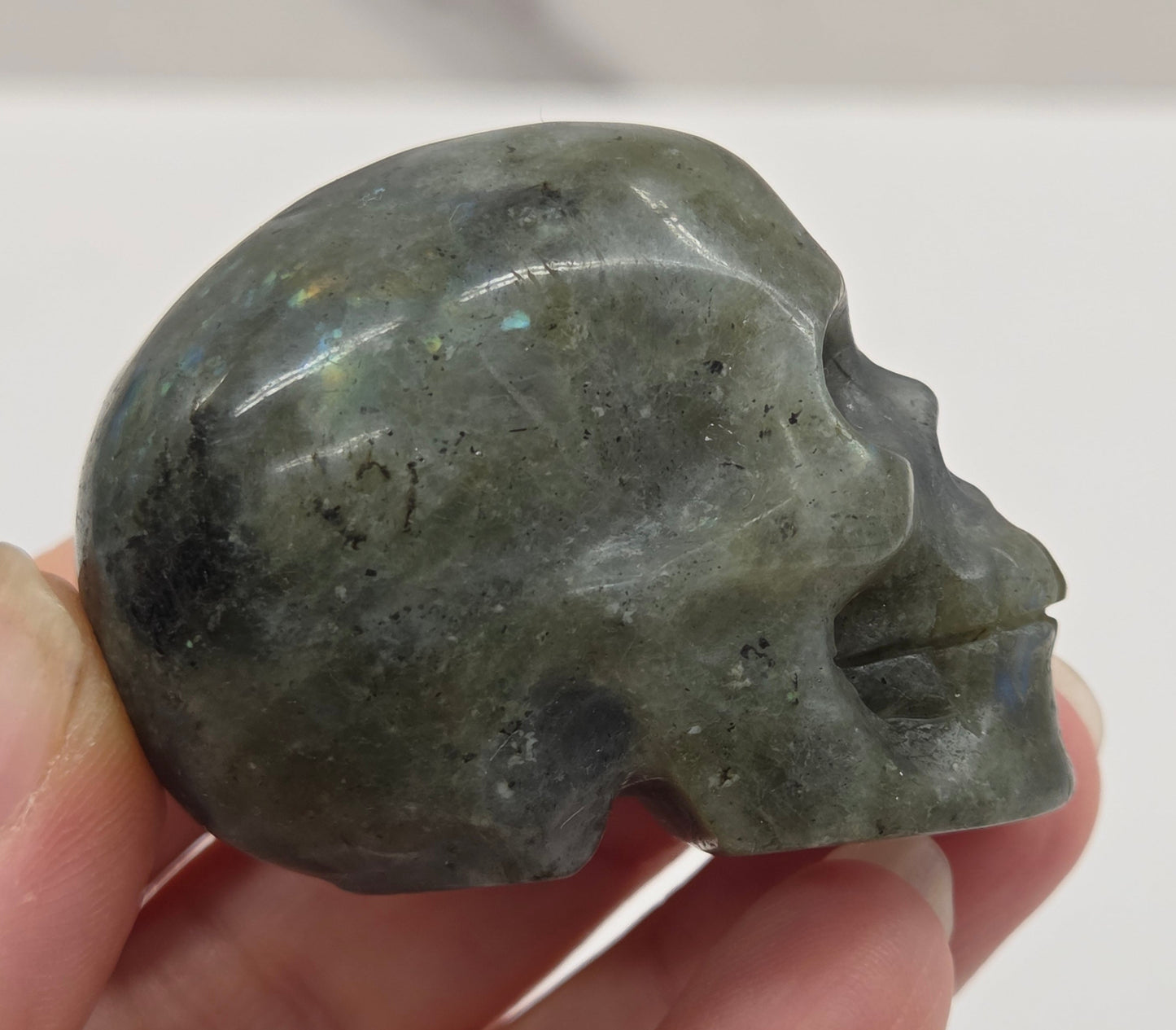 grey skull carving with blue flash on a white background