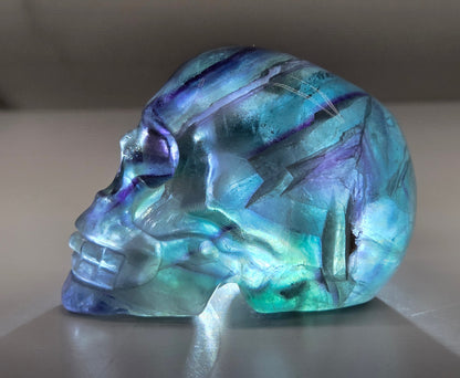Backlit Fluorite skull carving on a white background