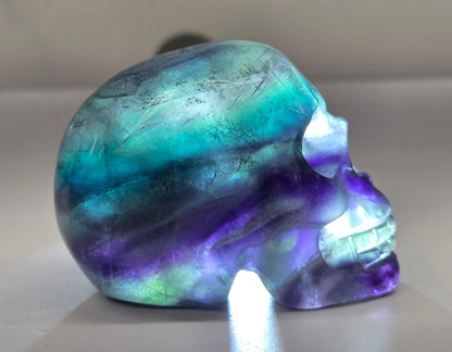 Backlit Fluorite skull carving on a white background