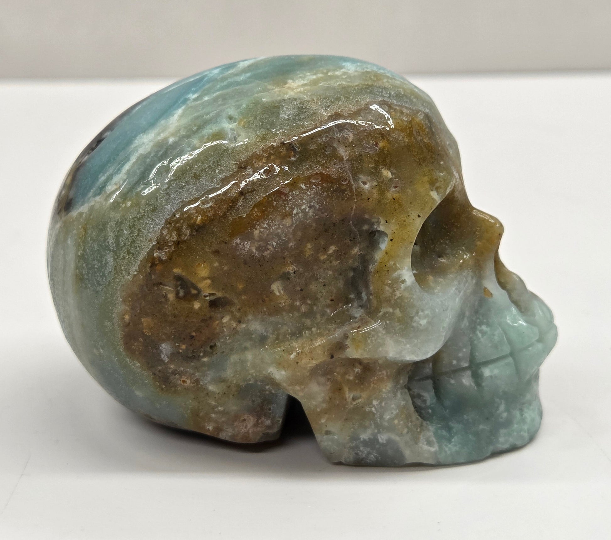 Skull carving with blue, white, black and brown coloring on a white background