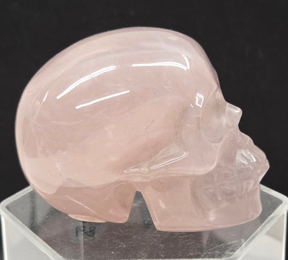 pink rose quartz skull carving on a clear stand against a black background