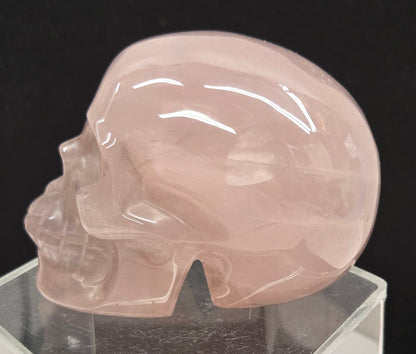 pink rose quartz skull carving on a clear stand against a black background