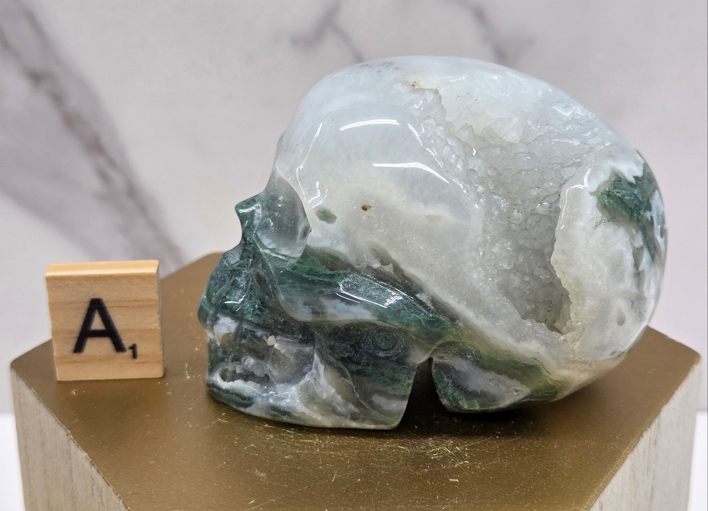 Moss Agate skull carving on a wood stand against a white background