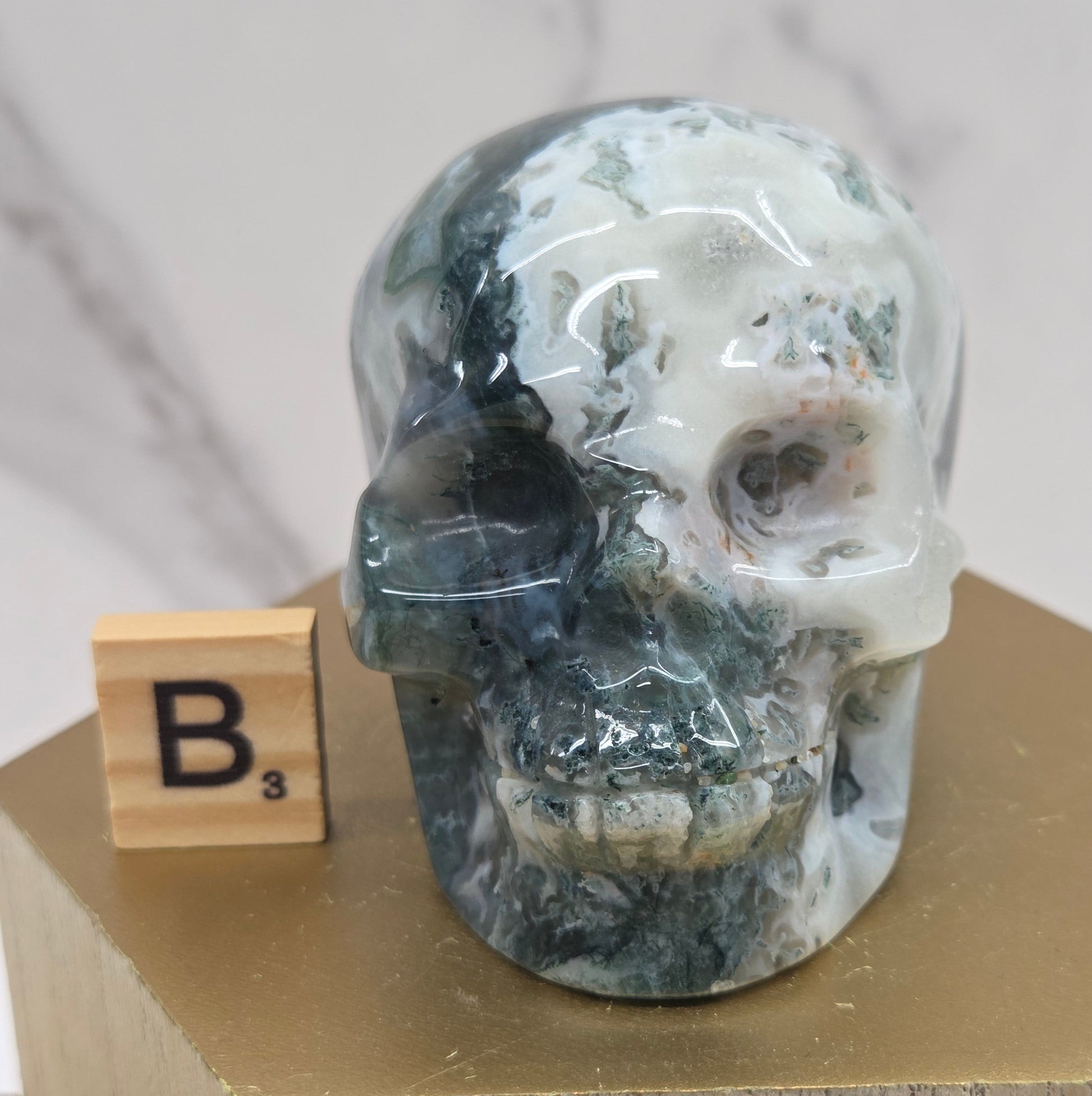 Moss Agate skull carving on a wood stand against a white background