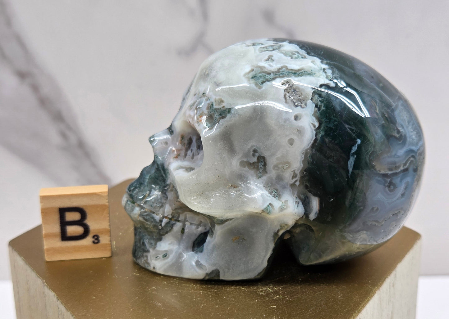 Moss Agate skull carving on a wood stand against a white background