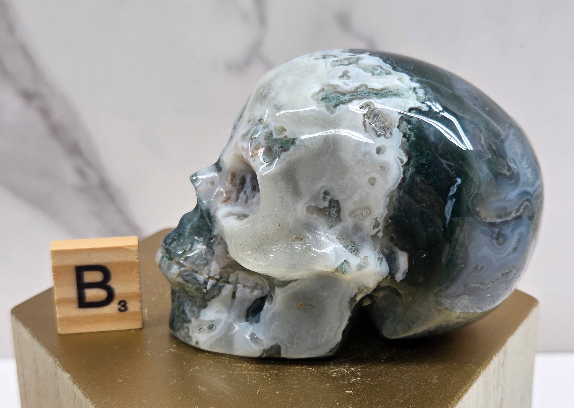 Moss Agate skull carving on a wood stand against a white background