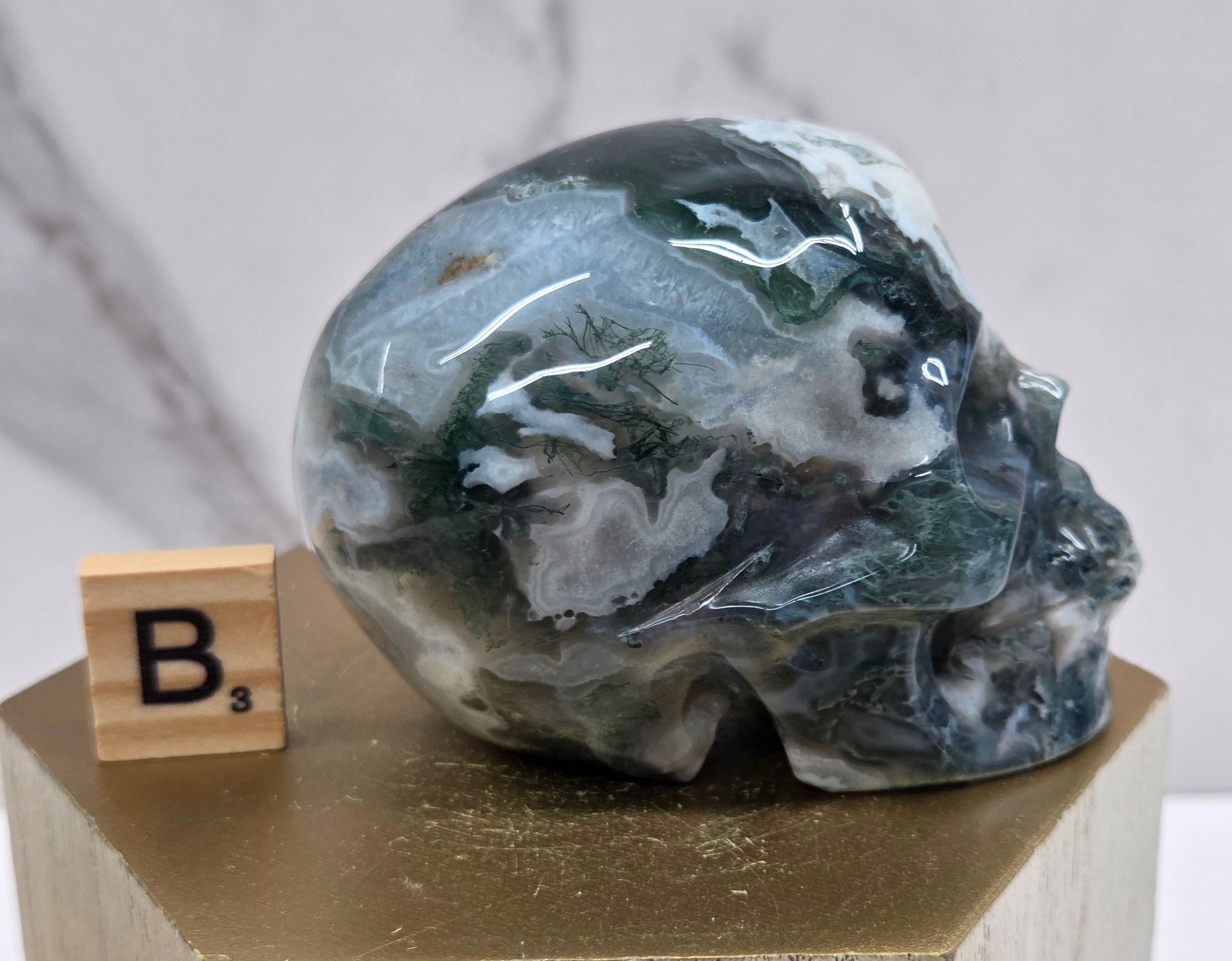 Moss Agate skull carving on a wood stand against a white background