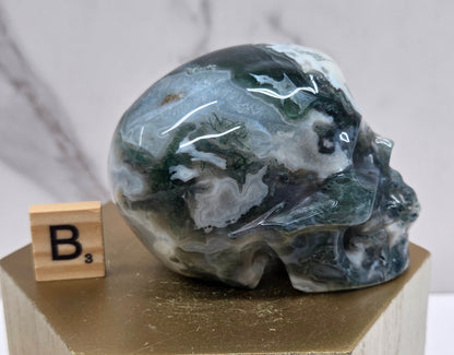 Moss Agate skull carving on a wood stand against a white background