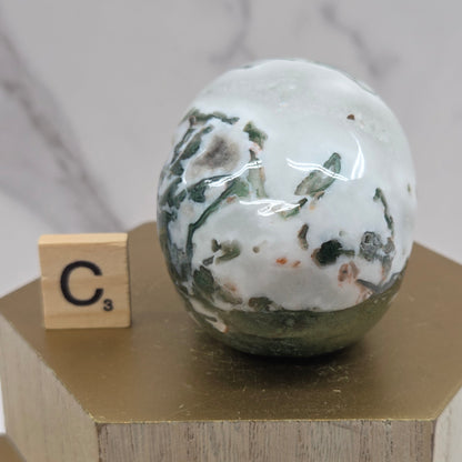 Moss Agate skull carving on a wood stand against a white background