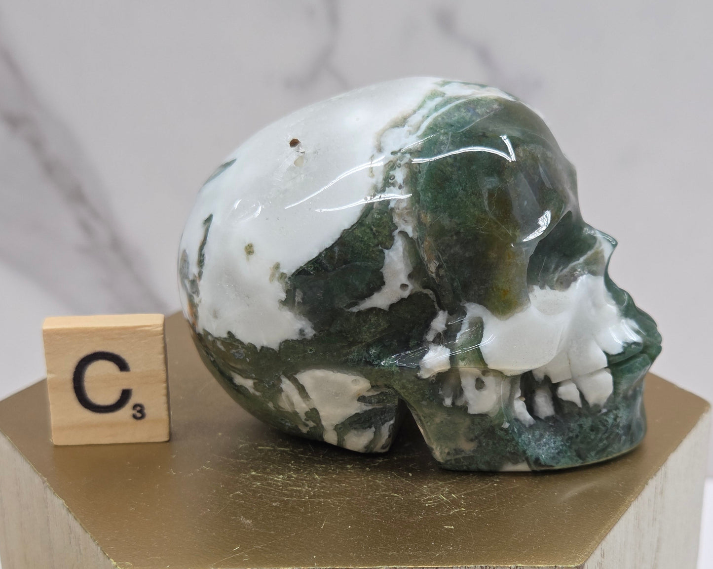 Moss Agate skull carving on a wood stand against a white background