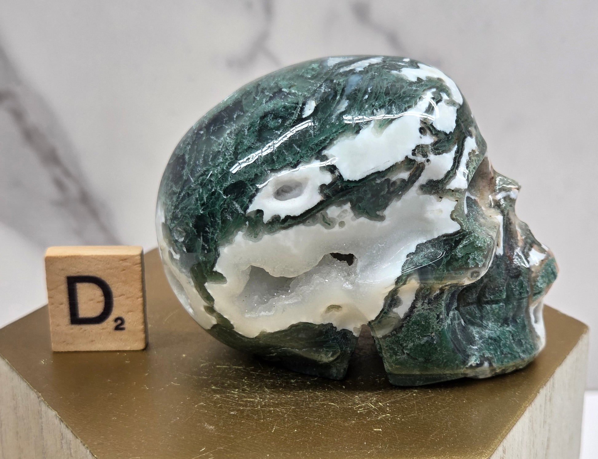 Moss Agate skull carving on a wood stand against a white background
