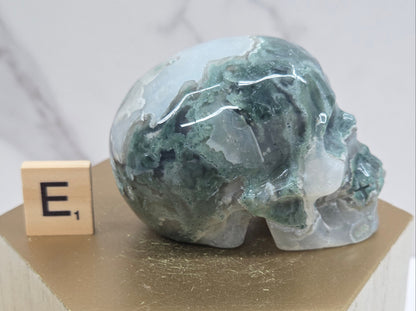 Moss Agate skull carving on a wood stand against a white background