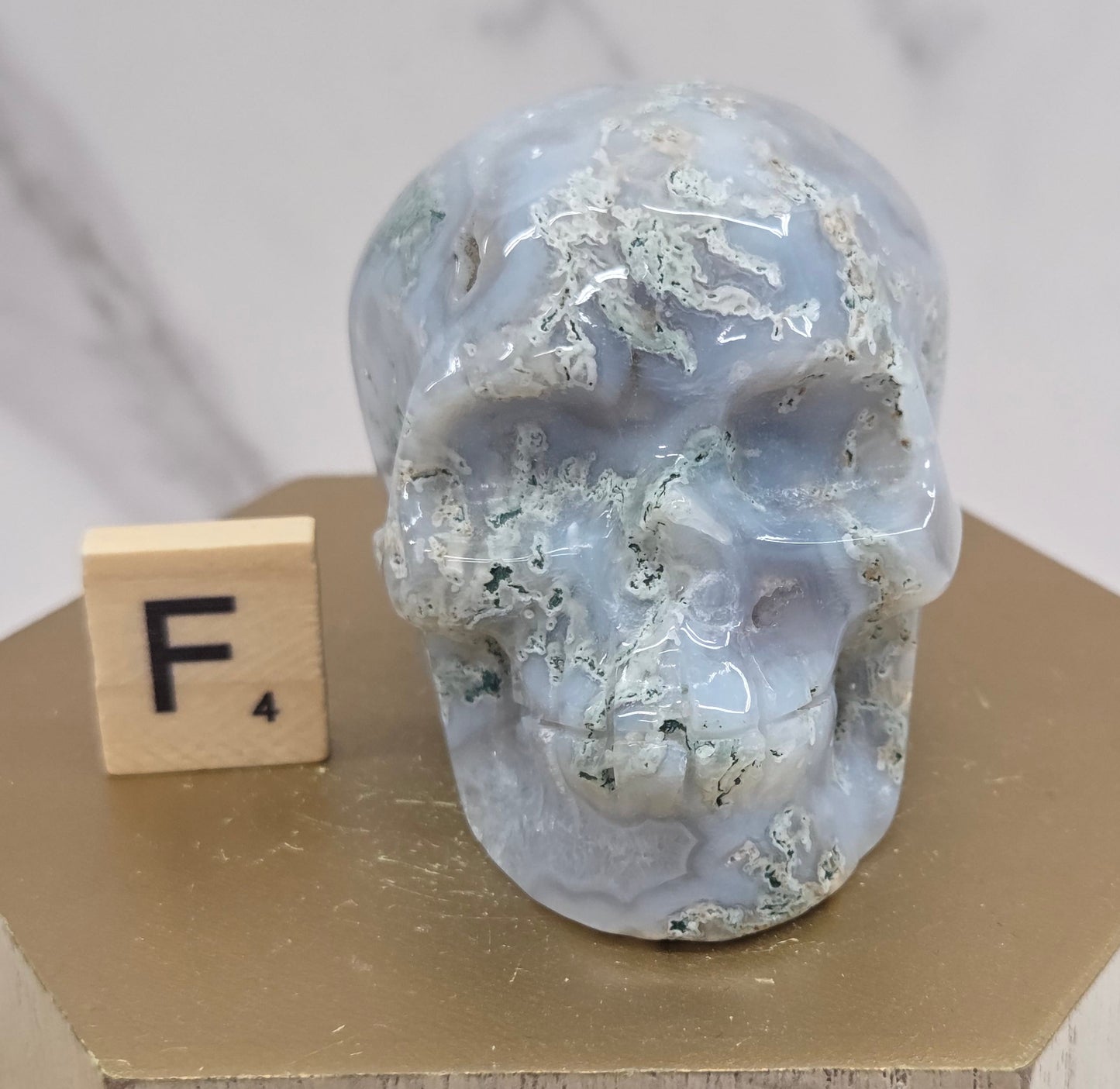 Moss Agate skull carving on a wood stand against a white background