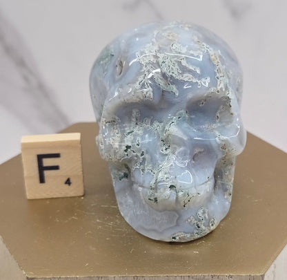 Moss Agate skull carving on a wood stand against a white background