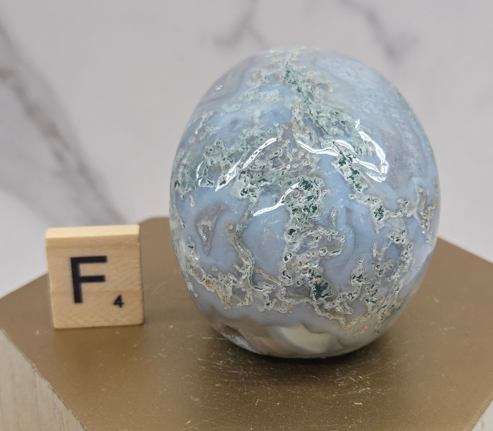 Moss Agate skull carving on a wood stand against a white background