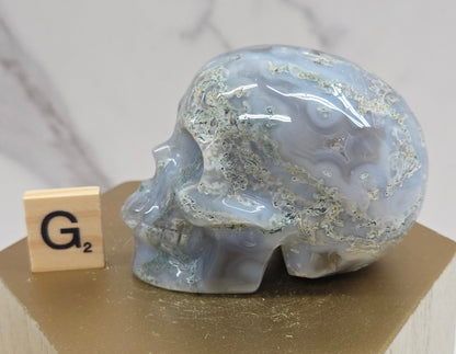 Moss Agate skull carving on a wood stand against a white background