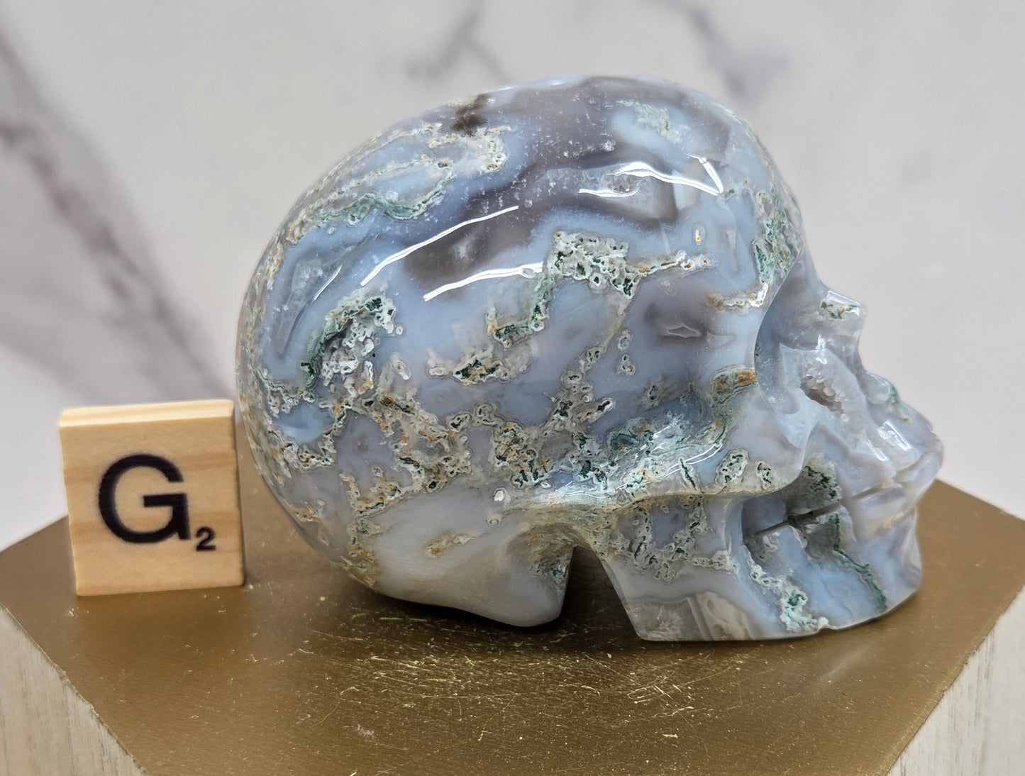 Moss Agate skull carving on a wood stand against a white background