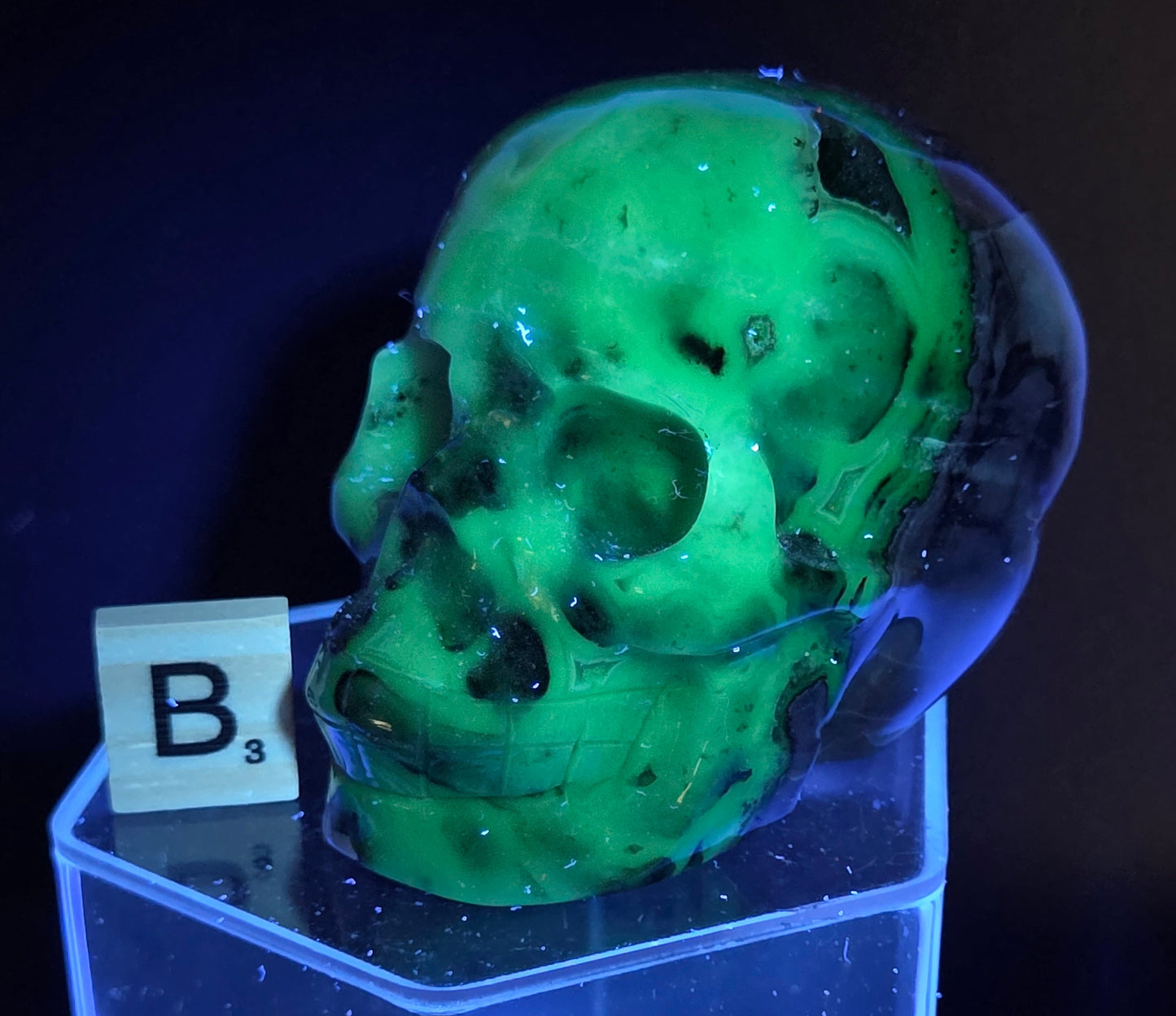 A skull-shaped sculpture made of volcano agate, under UV light