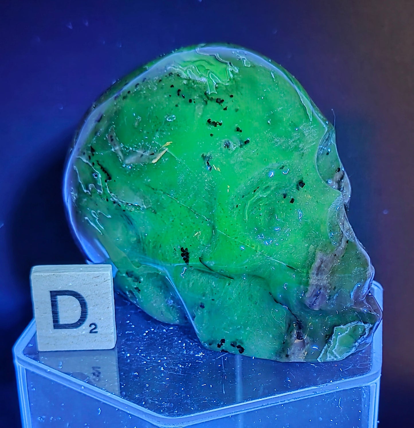 A skull-shaped sculpture made of volcano agate, under UV light