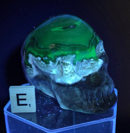 A skull-shaped sculpture made of volcano agate, under UV light