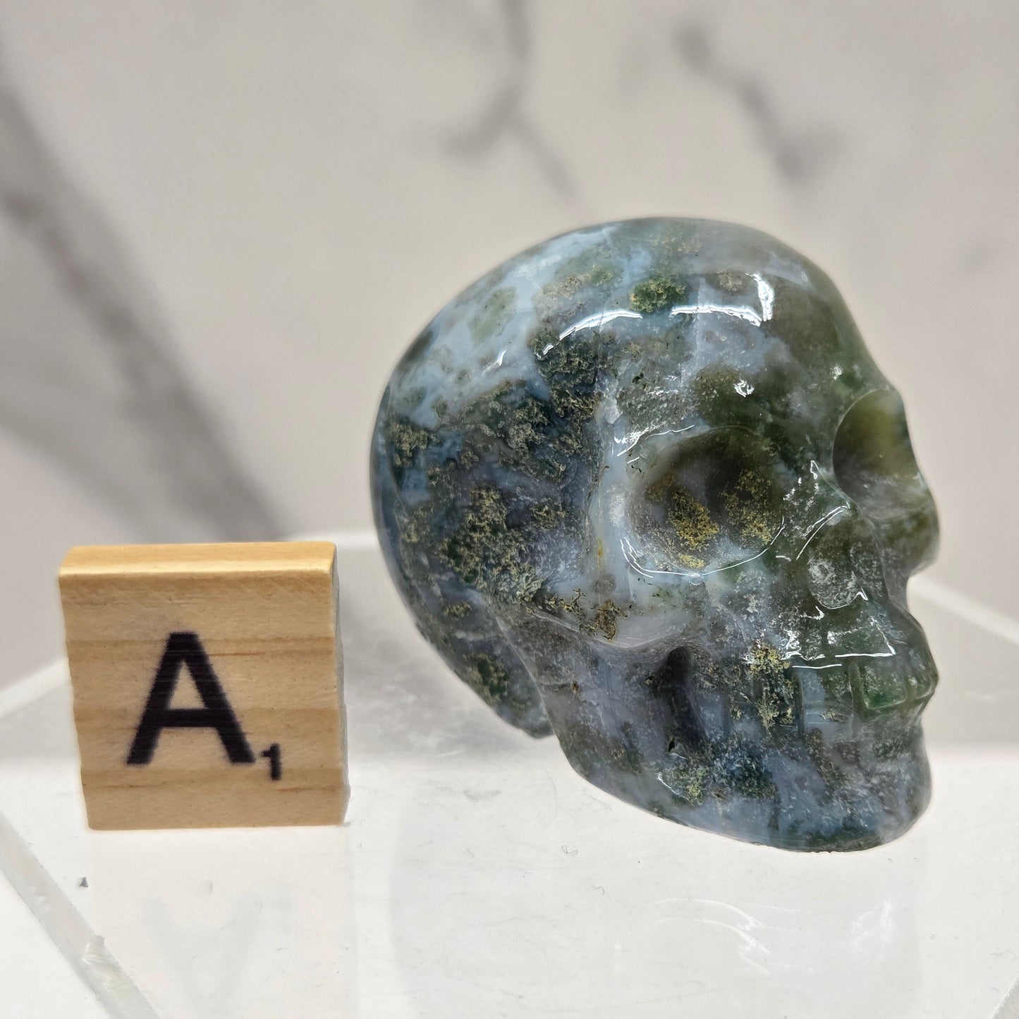 Moss Agate skull carving on a white background