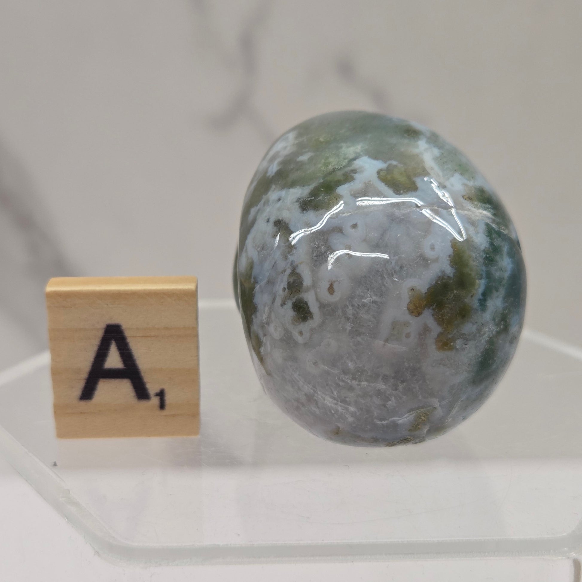 Moss Agate skull carving on a white background