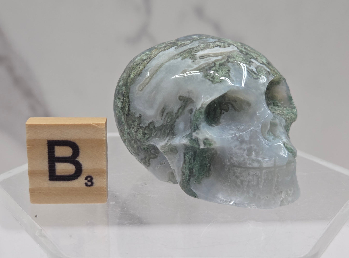 Moss Agate skull carving on a white background