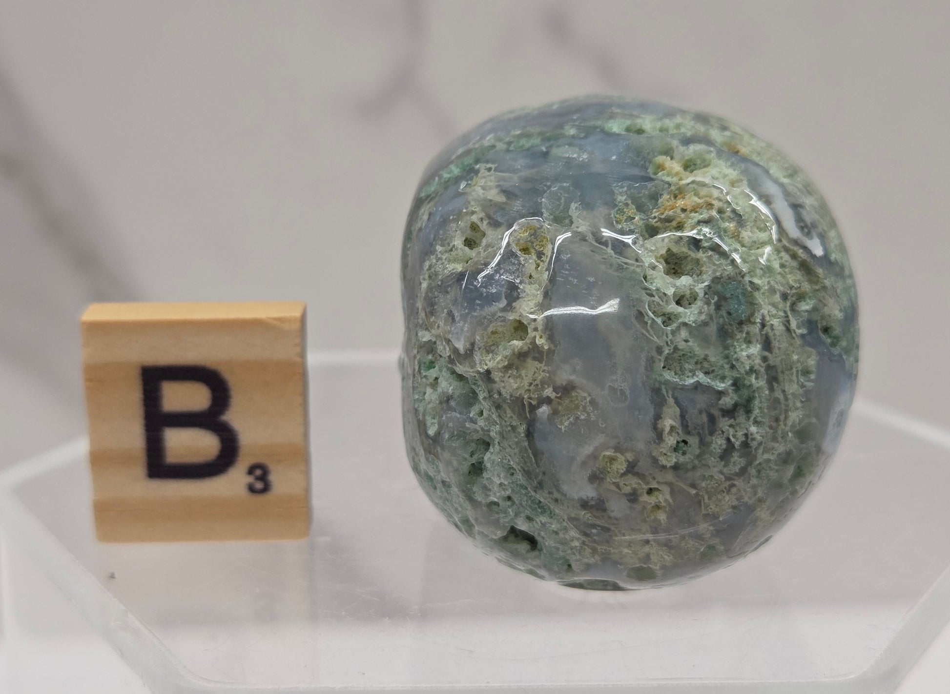 Moss Agate skull carving on a white background