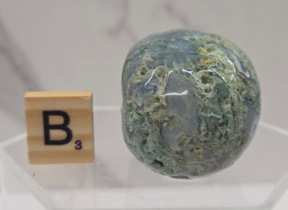 Moss Agate skull carving on a white background