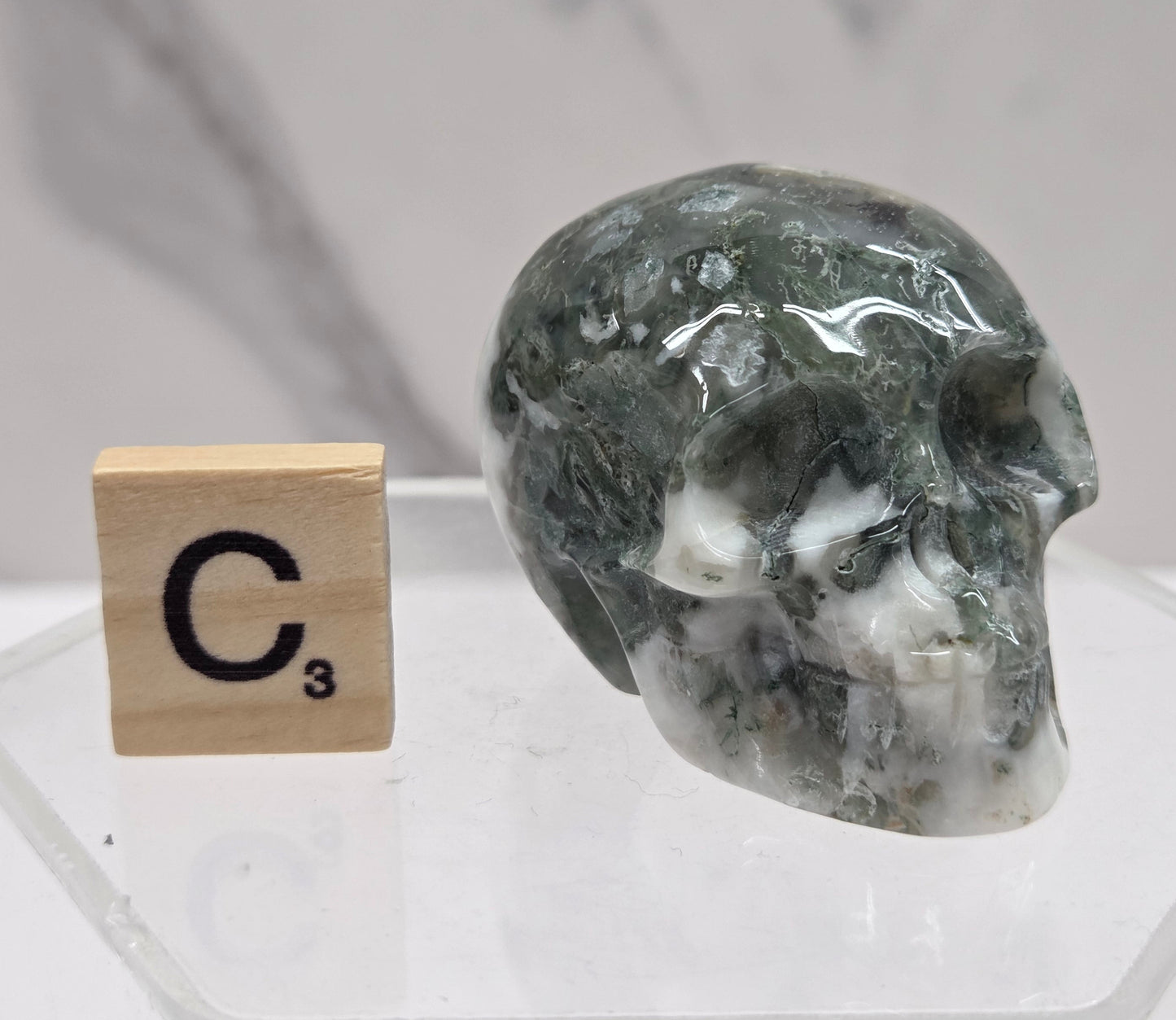 Moss Agate skull carving on a white background