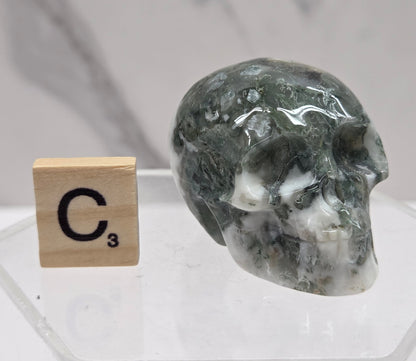 Moss Agate skull carving on a white background