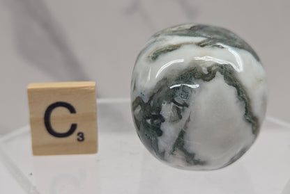 Moss Agate skull carving on a white background