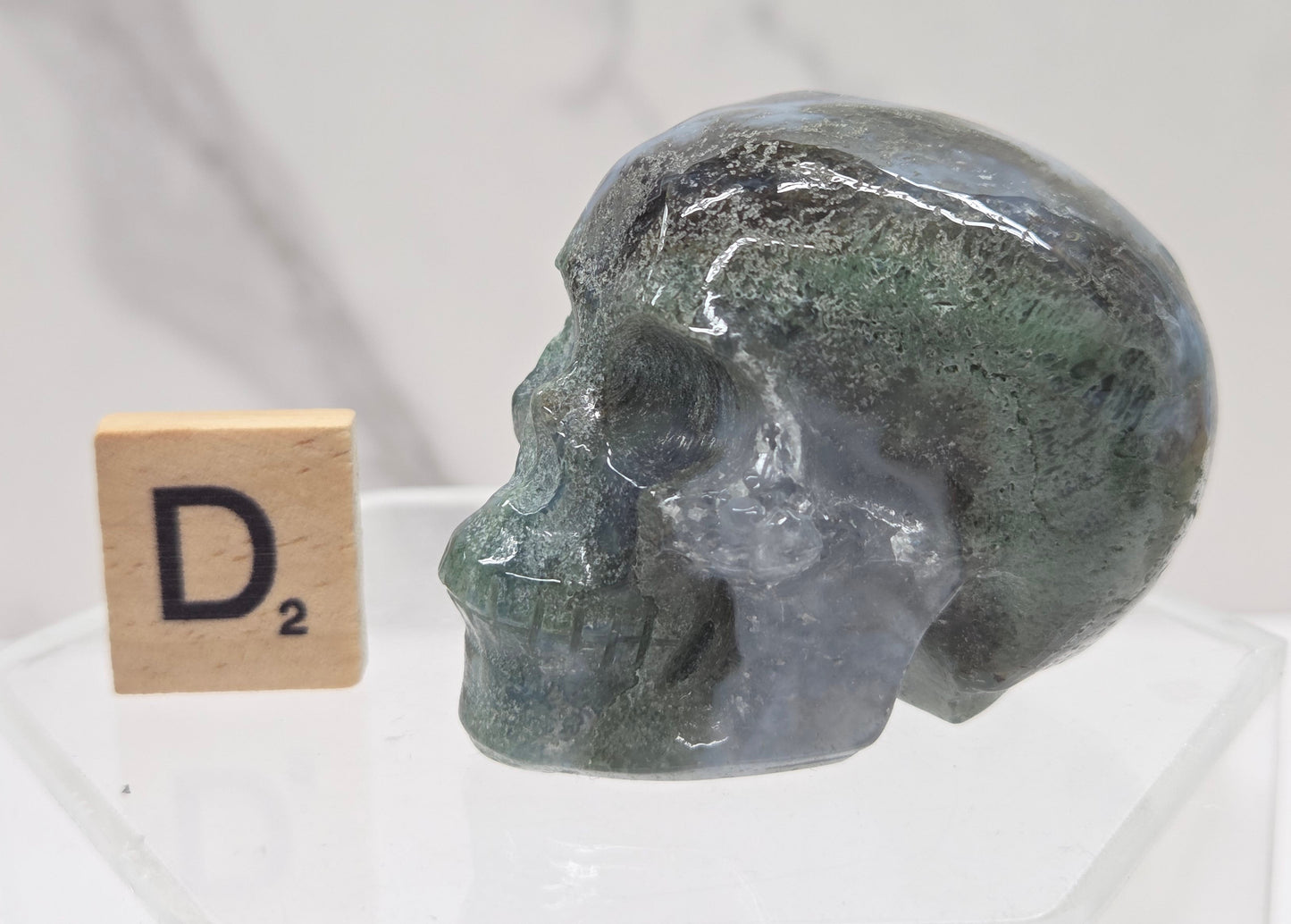 Moss Agate skull carving on a white background