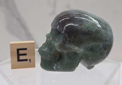 Moss Agate skull carving on a white background
