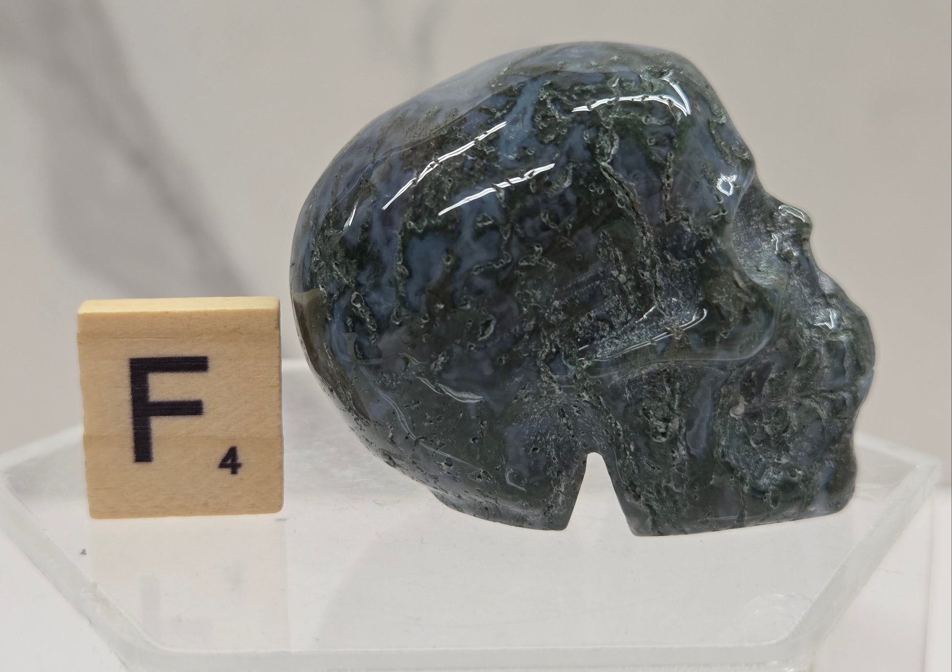 Moss Agate skull carving on a white background