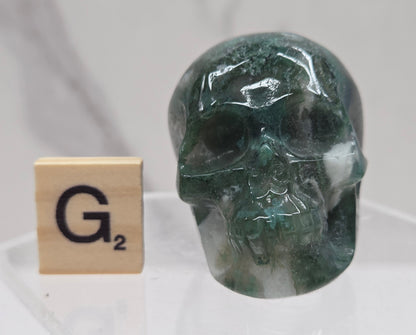 Moss Agate skull carving on a white background