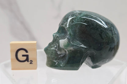 Moss Agate skull carving on a white background