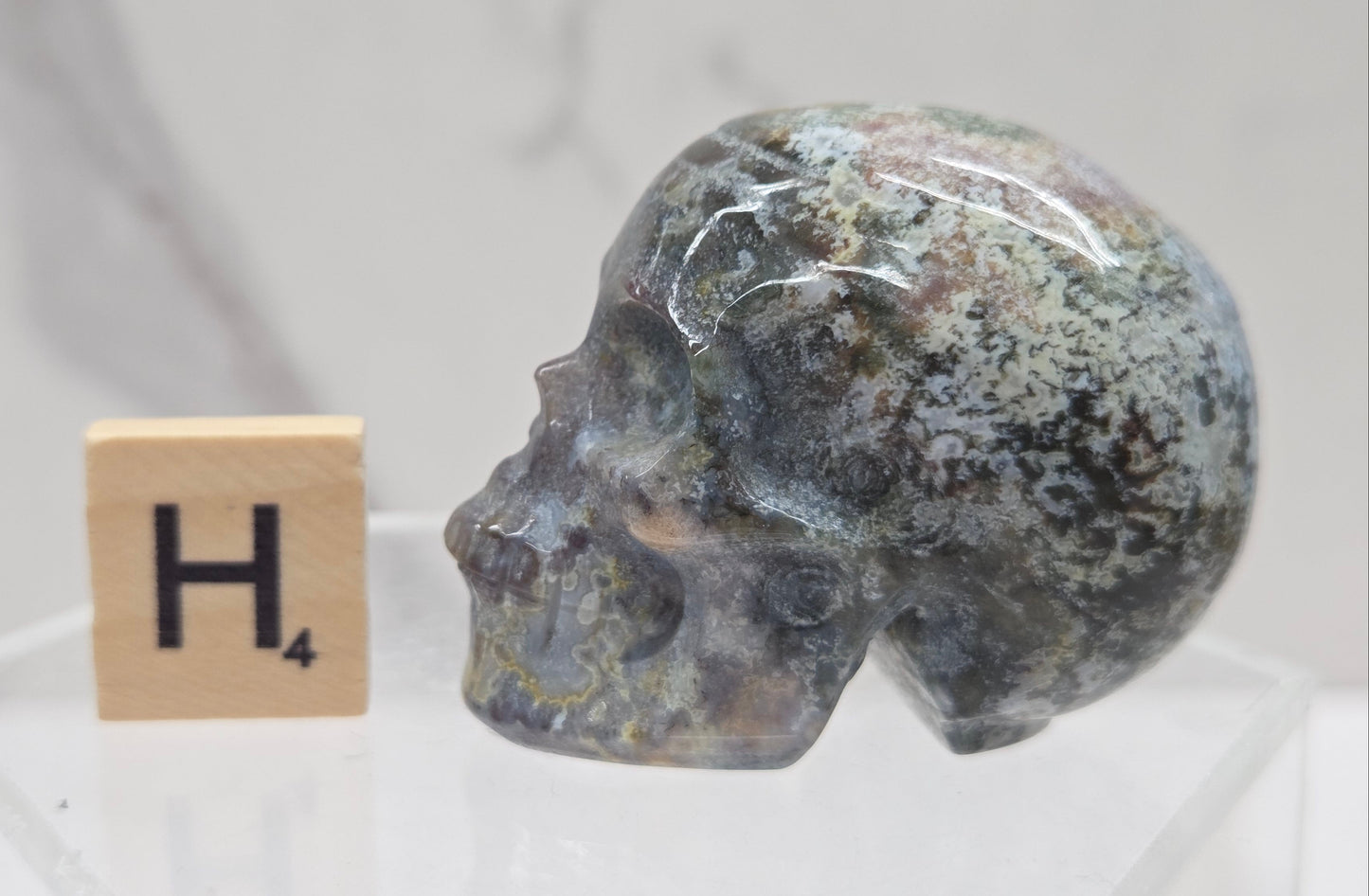 Moss Agate skull carving on a white background