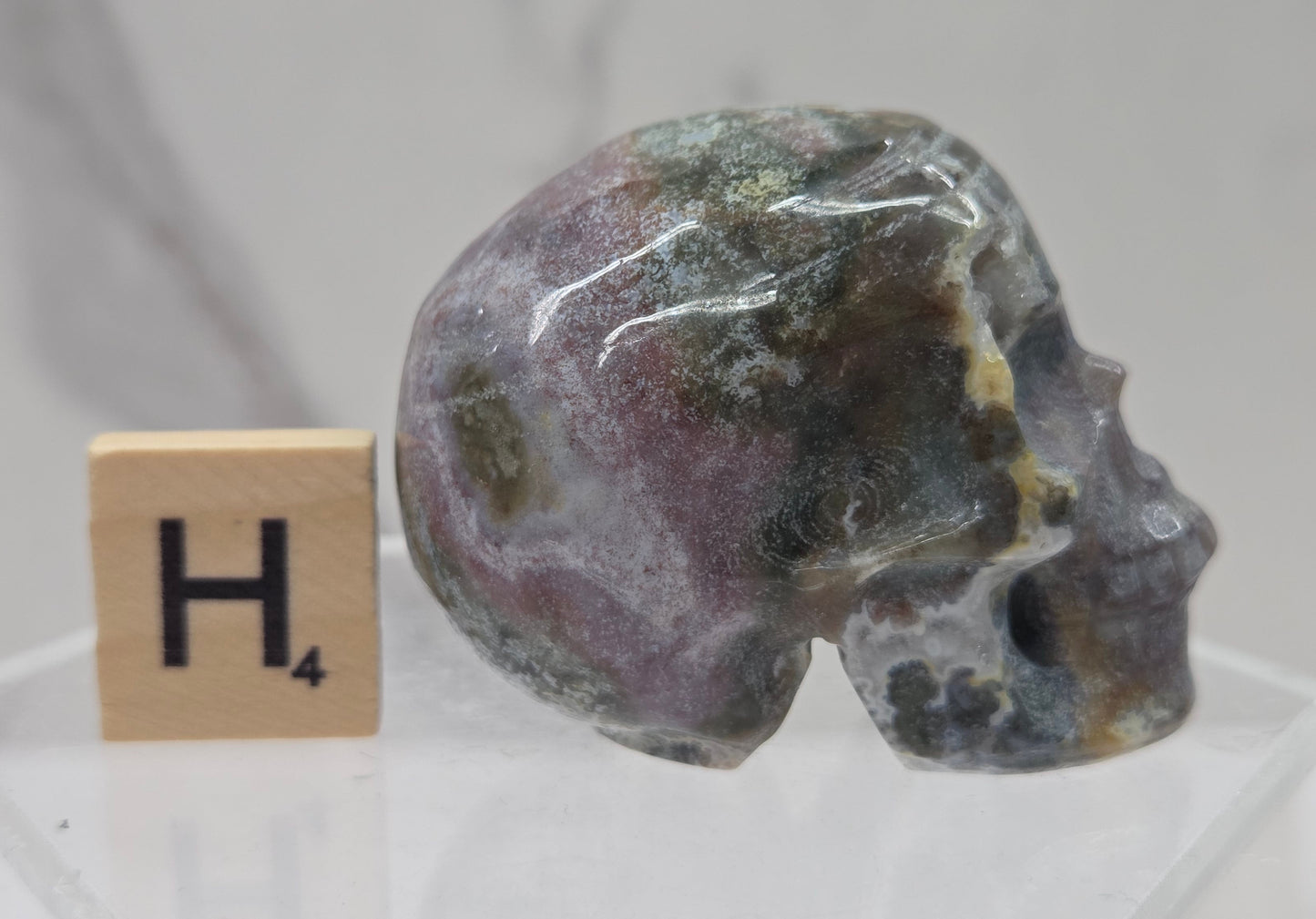 Moss Agate skull carving on a white background