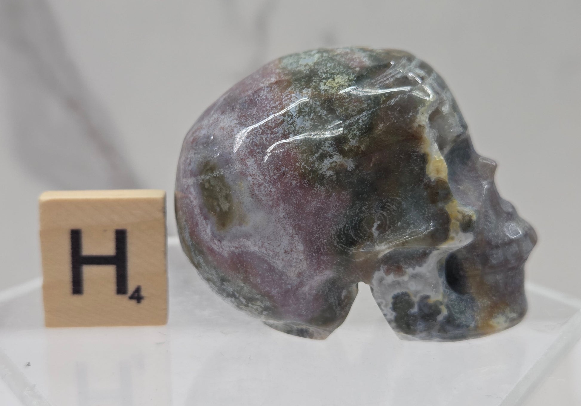 Moss Agate skull carving on a white background