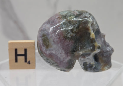 Moss Agate skull carving on a white background