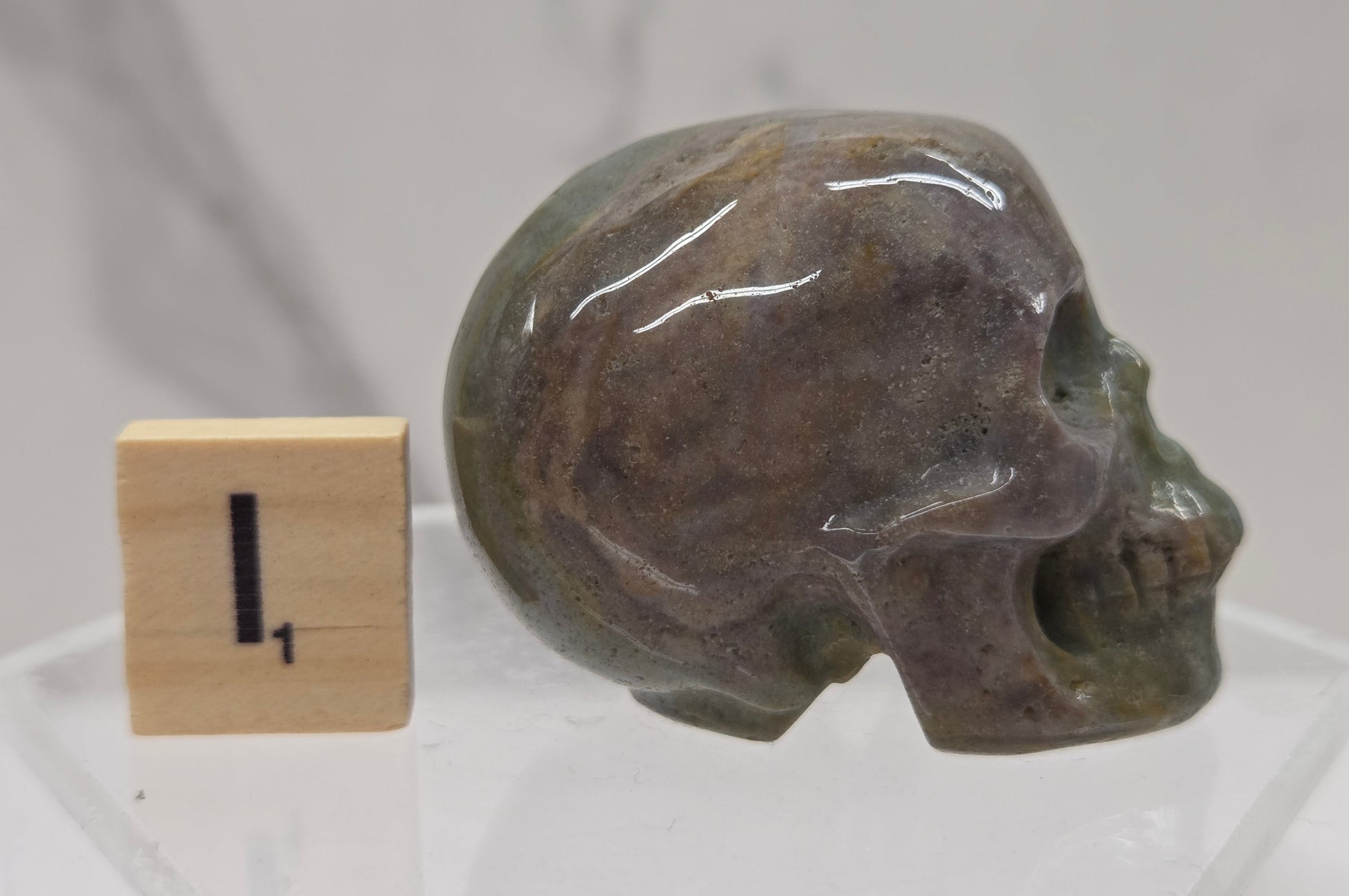 Moss Agate skull carving on a white background