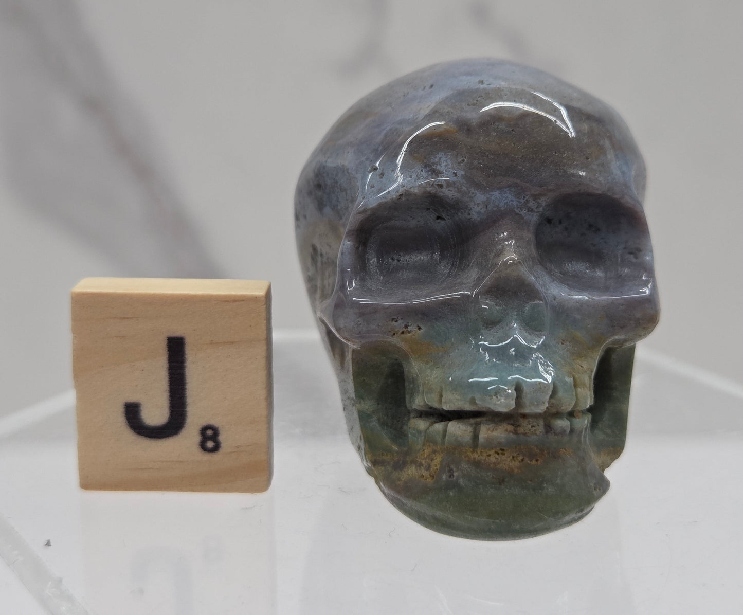 Moss Agate skull carving on a white background