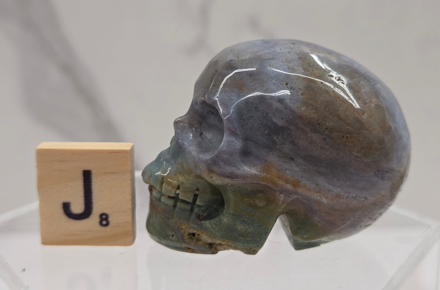 Moss Agate skull carving on a white background